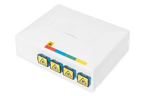 FTTH outlet, with 4x SC (PC) SX adapter surface and DIN-rail mount